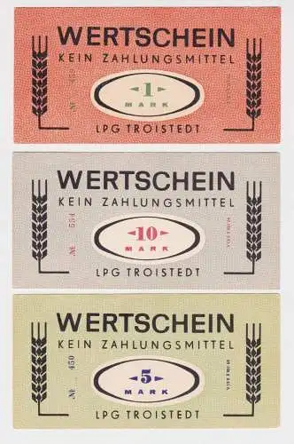 3 Banknoten 1 bis 10 Mark DDR LPG Geld "Troistedt" (163432)