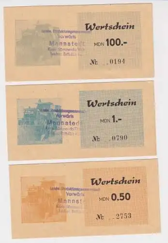 3 Banknoten 0,50 bis 100 Mark DDR LPG Geld "Vorwärts" Mannstedt (165787)