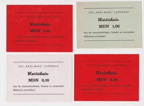 4 Banknoten 0,10 bis 1 Mark DDR LPG Geld "Karl Marx" Langenau (165321)