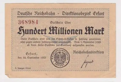 100 Millionen Mark Banknote Reichsbahndirektion Erfurt 22.9.1923  (165708)