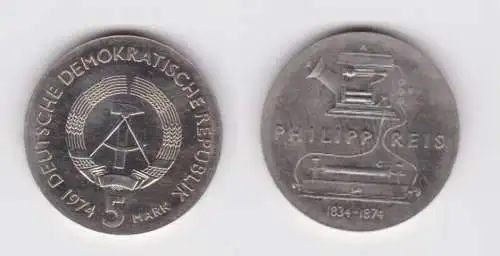 DDR Gedenk Münze 5 Mark Philipp Reis 1974 Stempelglanz (162009)