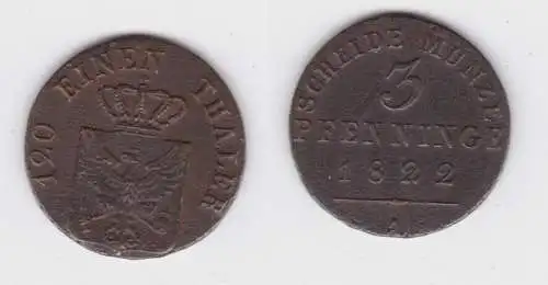 3 Pfennig Kupfer Münze Preussen 1822 A ss (164724)