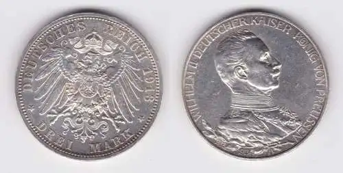 3 Mark Silbermünze Preussen Kaiser Wilhelm II in Uniform 1913 Jäger 112 (145057)