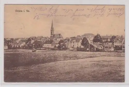 67840 Ak Grüna - Ortsansicht mit Kirche 1918