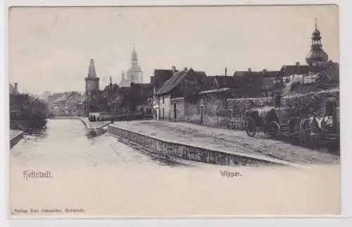 903685 AK Hettstedt - Wipper, Uferpartie mit Kirche und Fuhrwerk