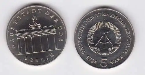 DDR Gedenk Münze 5 Mark Brandenburger Tor 1984 Stempelglanz (130699)