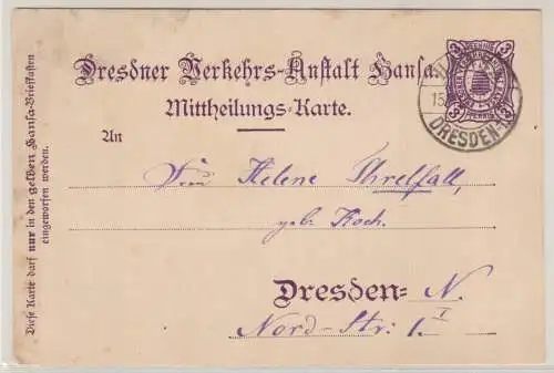 904708 Ganzsachen Postkarte Dresdner Verkehrs-Anstalt Hansa Dresden 1898