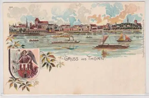 903703 Wappen AK Gruss aus Thorn (Toruń) - Stadtpanorama mit Merresblick um 1900