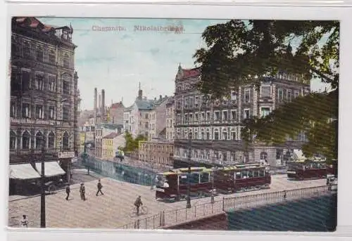 902142 AK Chemnitz - Nikolaibrücke mit Straßenbahn und Atelier "Germania" 1911