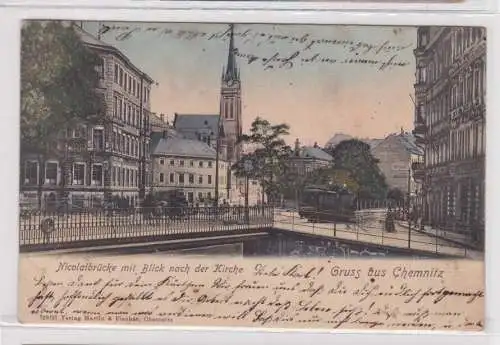 904726 Ak Gruß aus Chemnitz Nicolaibrücke mit Blick nach der Kirche 1910