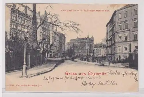 904469 Ak Gruss aus Chemnitz - Nicolaibrücke v. d. Stollbergstraße aus 1900