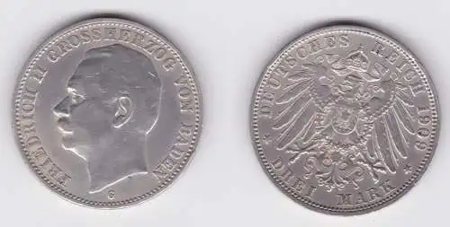 3 Mark Silbermünze Baden Großherzog Friedrich II 1909 Jäger 39 ss+ (165896)