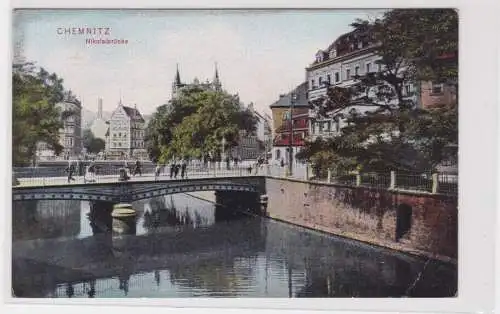 904330 Ak Chemnitz - Partie an der Nikolaibrücke um 1920