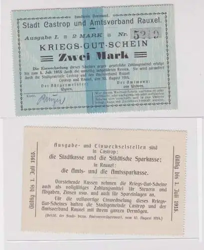 2 Mark Banknote Großnotgeld Kriegsgutschein Castrop und Rauxel 1914 (133938)