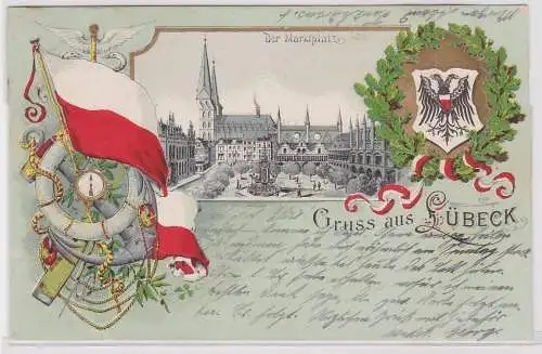 904064 Wappen Ak Lithographie Gruß aus Lübeck Marktplatz 1900