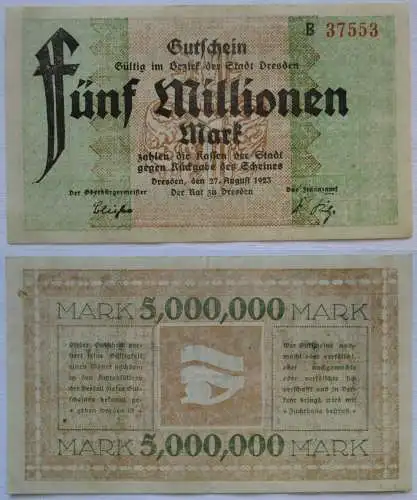 5 Millionen Mark Banknote Stadt Dresden 27.8.1923 (165957)