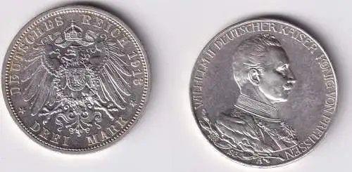 3 Mark Silbermünze Preussen Kaiser Wilhelm II in Uniform 1913 Jäger 112 (165241)