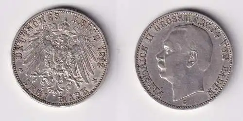 3 Mark Silbermünze Baden Großherzog Friedrich II 1912 Jäger 39 ss+ (165434)