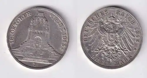 3 Mark Silber Münze Sachsen Völkerschlachtdenkmal Leipzig 1913 f.vz (165505)