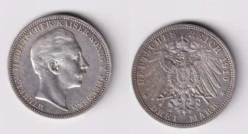 3 Mark Silbermünze Preussen Kaiser Wilhelm II 1910 A Jäger 103 ss+ (161638)