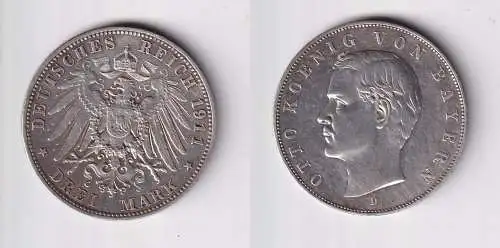 3 Mark Silbermünze Bayern König Otto 1911 Jäger 47 ss+ (160506)