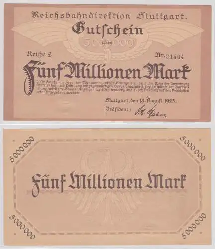 5 Million Mark Banknote Reichsbahndirektion Stuttgart 18.08.1923 (154548)