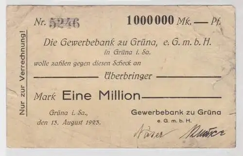 1 Million Mark Banknote Gewerbebank zu Grüna 13.8.1923 (142503)