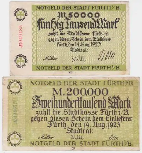 50 & 200 Tausend Mark Banknoten Stadt Fürth i.B. 14.8.1923 (120488)