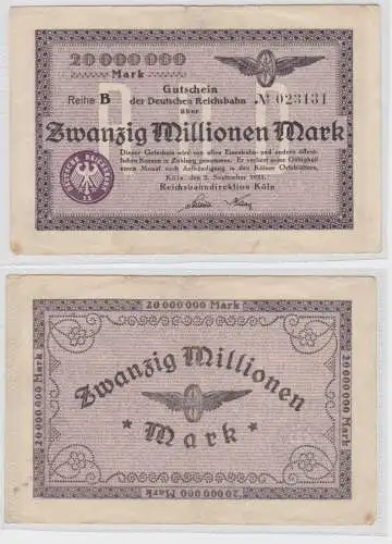 20 Millionen Mark Banknote Reichsbahndirektion Köln 11.8.1923 (135623)