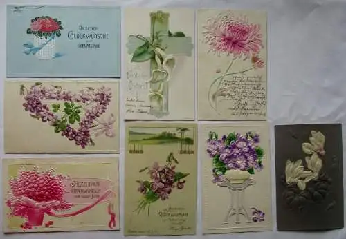 57243 Ak 8x geprägte Glückwunschkarten mit Blumenmotiv um 1910
