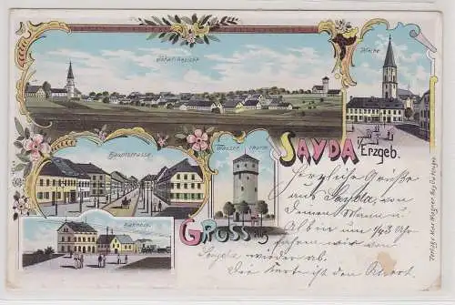 99901 Ak Lithographie Gruß aus Sayda im Erzgebirge Bahnhof usw. 1899