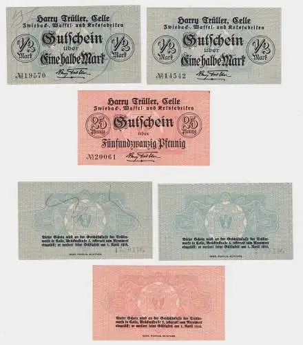 3 Banknoten Notgeld Celle Keksfabrik von Harry Trüller 1918 (120717)