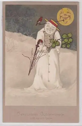 908476 Neujahrs Ak Schneemann mit Hut und Schirm vor Mond 1919