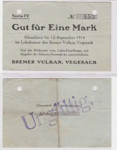 1 Mark Banknote Lohnschecks Bremer Vulkan Werft Vegesack 12.9.1914 (122238)