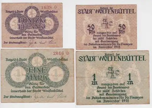 50 Pfennig & 1 Mark Banknoten Notgeld Stadt Wolfenbüttel 1918 (142016)