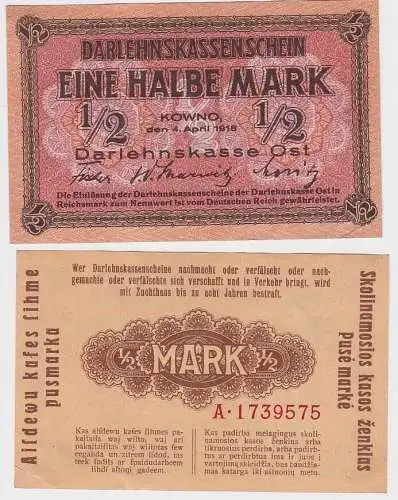 1/2 Mark Banknote Darlehnskasse Ost Kowno 4.April 1918 (141159)