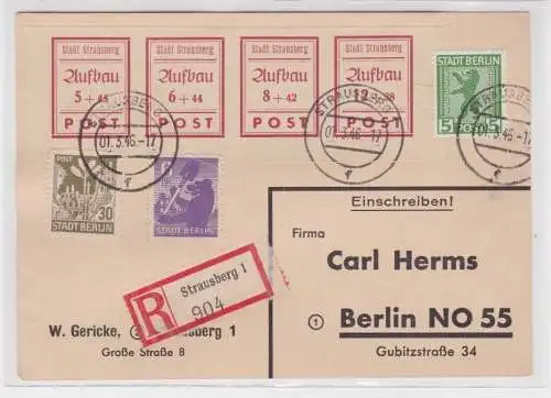 907556 Lokalausgabe Strausberg Viererblock Mi 34-37 R-Zettel Einschreiben 1946