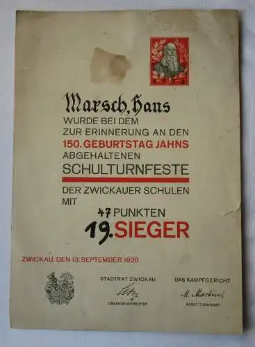 Urkunde Schulturnfest der Zwickauer Schulen z. 150. Geburtstag Jahn 1928 /163035