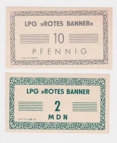 2 Banknoten 0,10 und 2 Mark DDR LPG Geld "Rotes Banner" (162239)