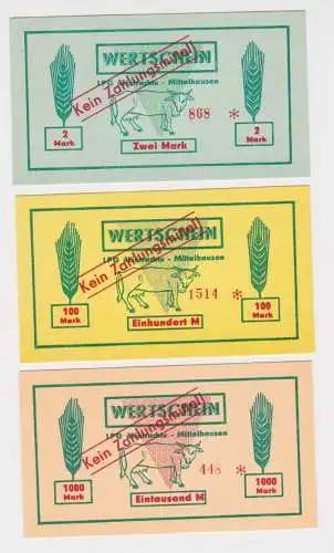 3 Banknoten 2 bis 1000 Mark DDR LPG Geld "Eintracht" Mittelhausen (162786)