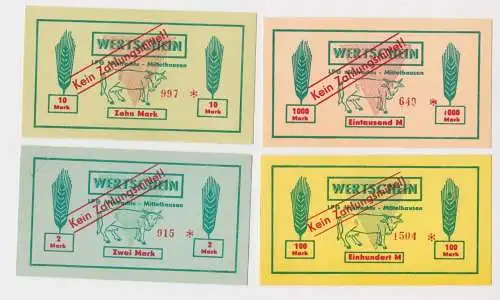 4 Banknoten 2 bis 1000 Mark DDR LPG Geld "Eintracht" Mittelhausen (160302)