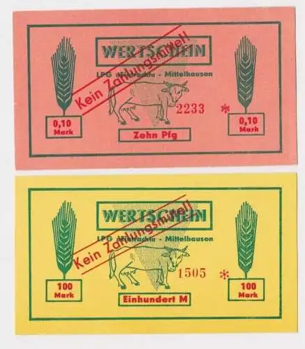 2 Banknoten 0,10 bis 100 Mark DDR LPG Geld "Eintracht" Mittelhausen (162610)