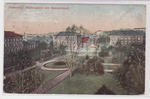 900215 AK Chemnitz - Wettinplatz mit Schlachthof und Parkanlage 1913