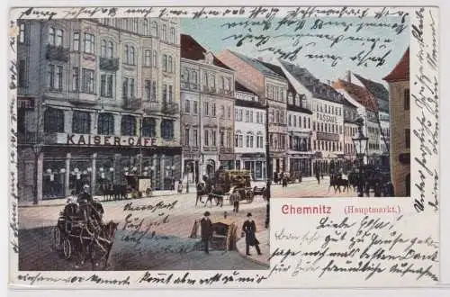 901995 AK Chemnitz - Hauptmarkt, Straßenansicht mit Kaiser-Café & Kutschen 1904