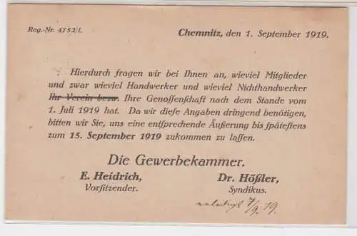 905790 Drucksache der Gewerbekammer Chemnitz - Anfrage der Mitgliederzahl 1919