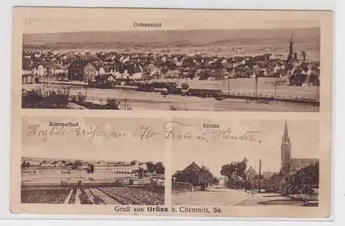 54785 AK Gruß aus Grüna bei Chemnitz - Kirche, Sommerbad, Ortsansicht 1928