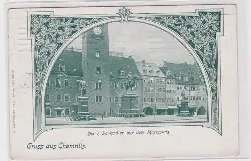 906255 Ak Gruss aus Chemnitz - Die 3 Denkmäler auf dem Marktplatz 1908