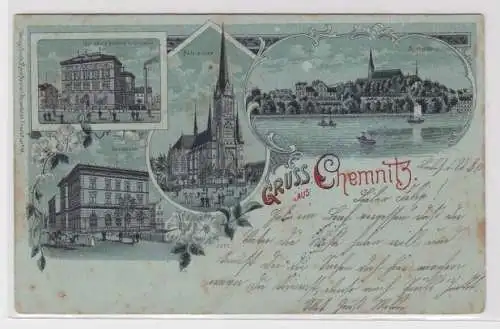 906258 Ak Gruss aus Chemnitz Handels-Lehranstalt, Petrikirche, Schlossteich 1900