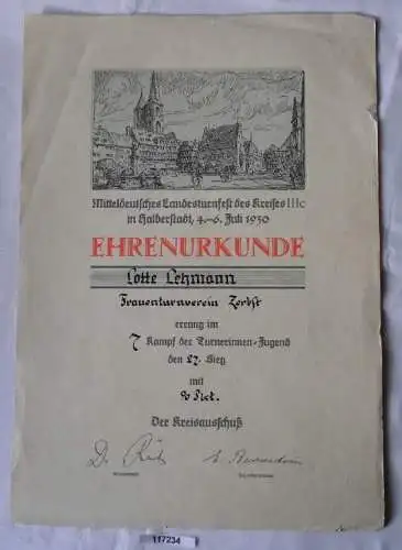 Ehrenurkunde Mitteldeutsches Landesturnfest Halberstadt 1930 (117234)