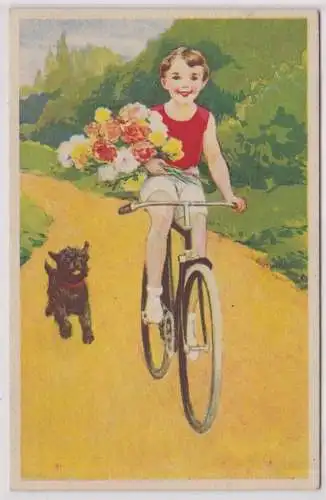 55904 Künstler Ak Mädchen auf Fahrrad mit Blumenstrauß und Hund 1945